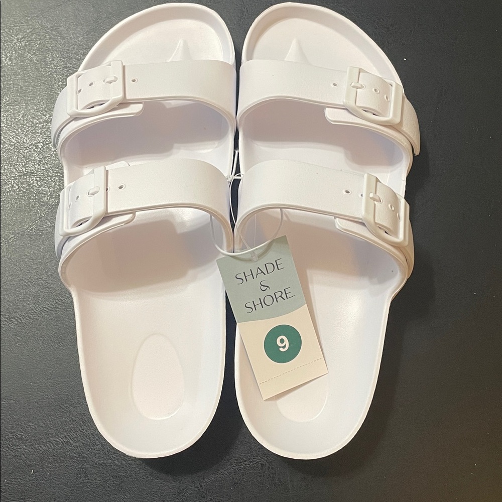 Shade & Shore White Double-Buckle Slide Sandals NWT Sz. 9